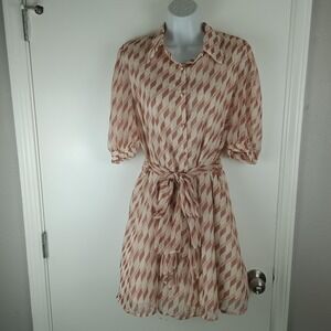 Elizabeth Crosby Dress Womens‎ Large Geometric Gold Sheer Belt Button Up Lined